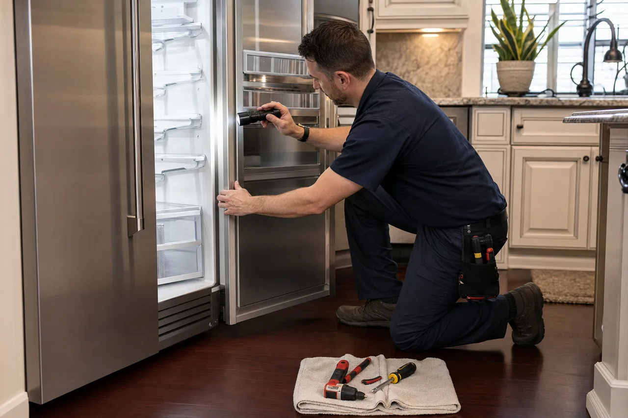 Technician repairing a built-in refrigerator up close