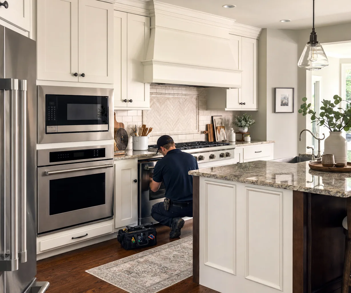 A luxury kitchen with built-in stainless appliances mid-repair
